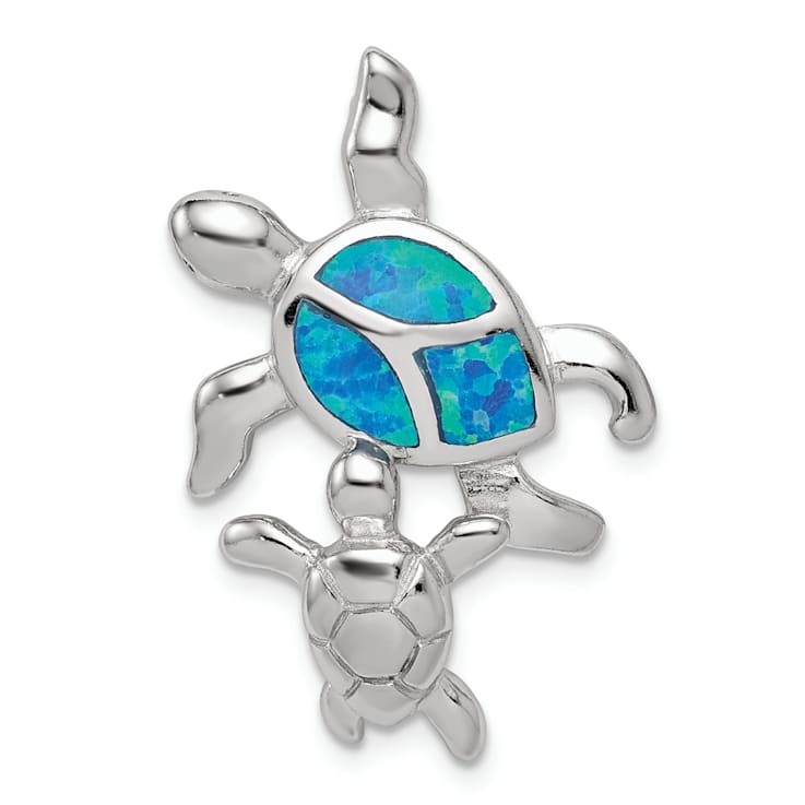 Rhodium Over Sterling Silver Blue Inlay Lab Created Opal Turtle Slide Pendant