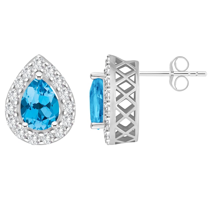 8x5mm Pear Shape Swiss Blue Topaz And White Topaz Rhodium Over Sterling
Silver Halo Stud Earrings