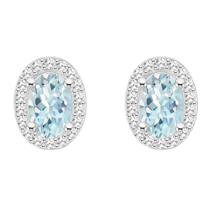 6x4mm Oval Aquamarine 1/6 ctw Diamond Rhodium Over Sterling Silver Halo
Stud Earrings