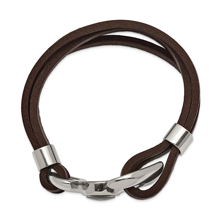Brown Leather and Stainless Steel Polished Functional Compass 8.5-inch Bracelet