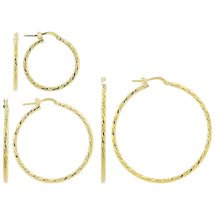 Set Of 3 Twisted Hoop Earrings In 18K Gold Over Bronze