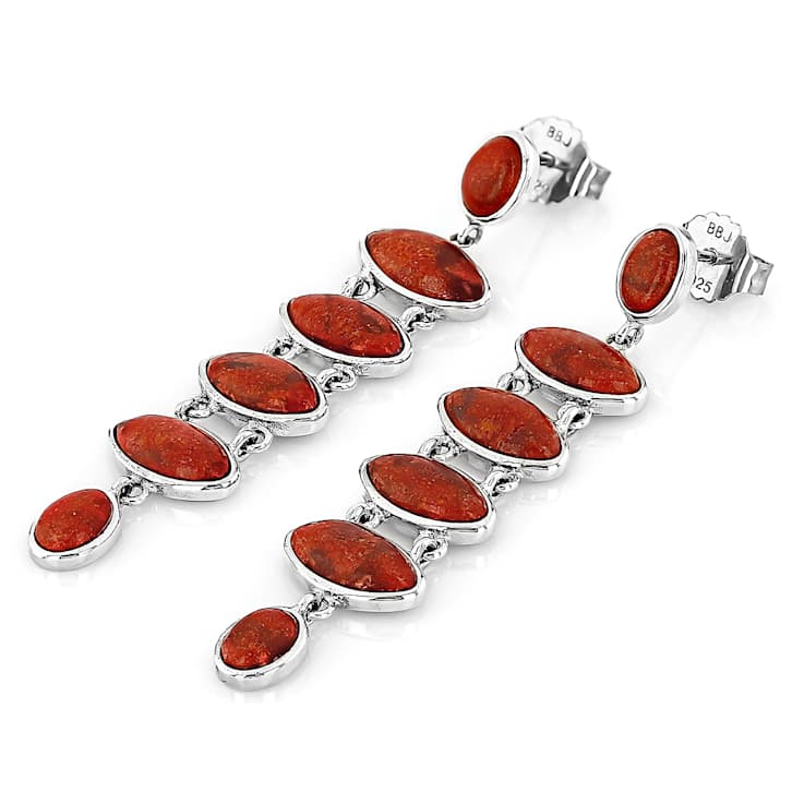 Red Coral Elongated Dangle Sterling Silver Earrings