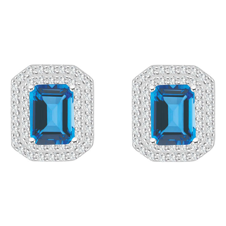 8x6mm Emerald Cut Swiss Blue Topaz And White Topaz Rhodium Over Sterling
Silver Double Halo Earrings