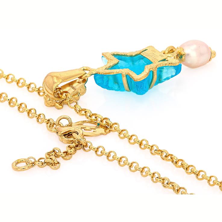 Blue Venetian Glass And Pearl Starfish Pendant In 18K Gold Over Sterling Silver