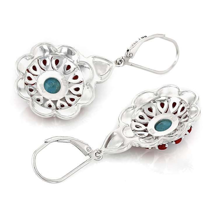 Turquoise And Coral Dangle Sterling Silver Earrings 7mm