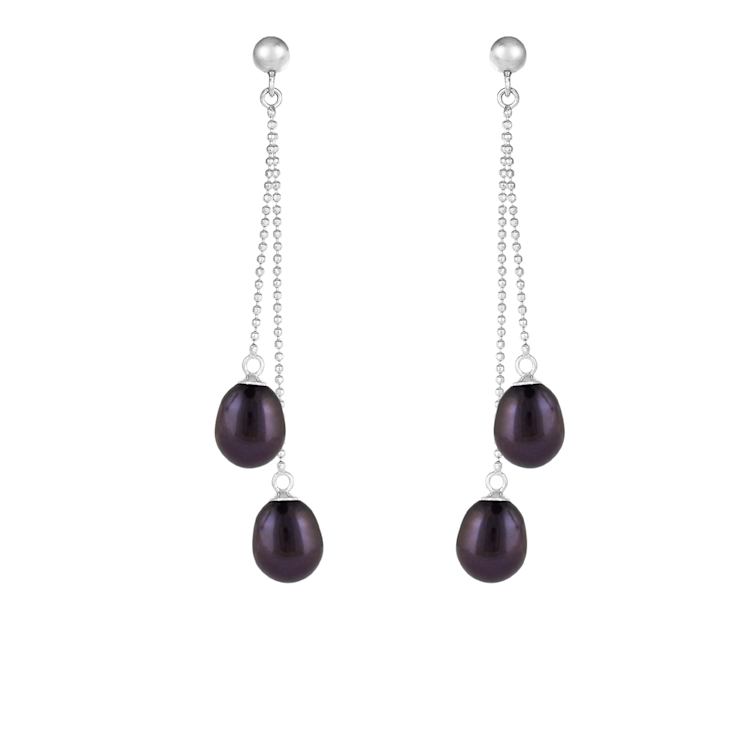 7-7.5mm Black Cultured Freshwater Pearl Rhodium Over Sterling Silver Earrings