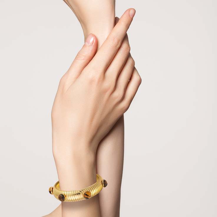 Rachel Zoe Tigers Eye Simulant Tubogas Bold Bangle in 14K Gold Over Brass