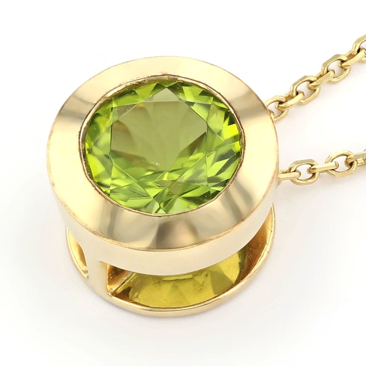 Round Peridot 14K Yellow Gold Bezel Set Solitaire Pendant with Chain, 1.25ct
