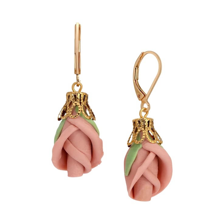 Gold Tone Pink Porcelain Rose Bud Leverback Earrings