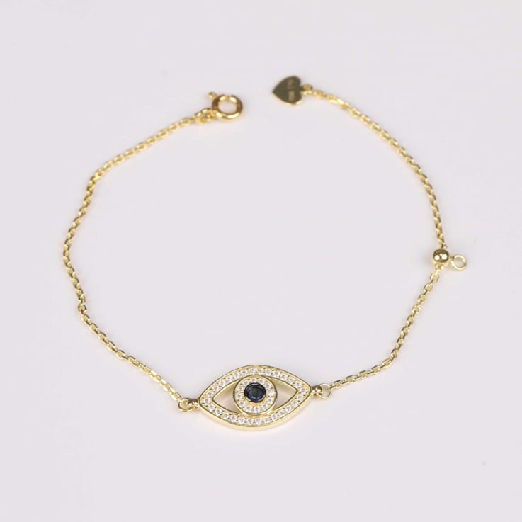 Blue Sapphire and Moissanite Evil Eye 14K Yellow Gold Over Sterling
Silver Bracelet