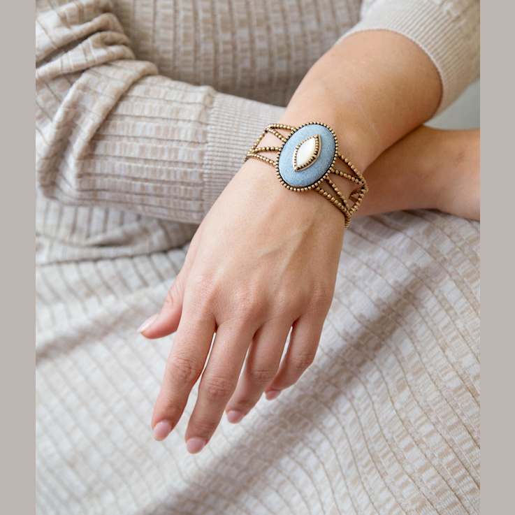 Barse Jewelry Blue Denim Dreams White Mother of Pearl Golden Cuff Bracelet