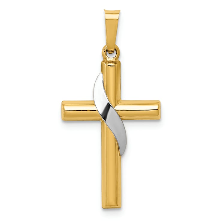 14K Yellow and White Gold Hollow Cross with Drape Charm