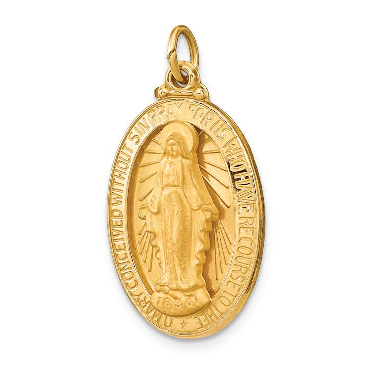 14k Yellow Gold Solid Polished and Satin Medium Oval Miraculous Medal Pendant