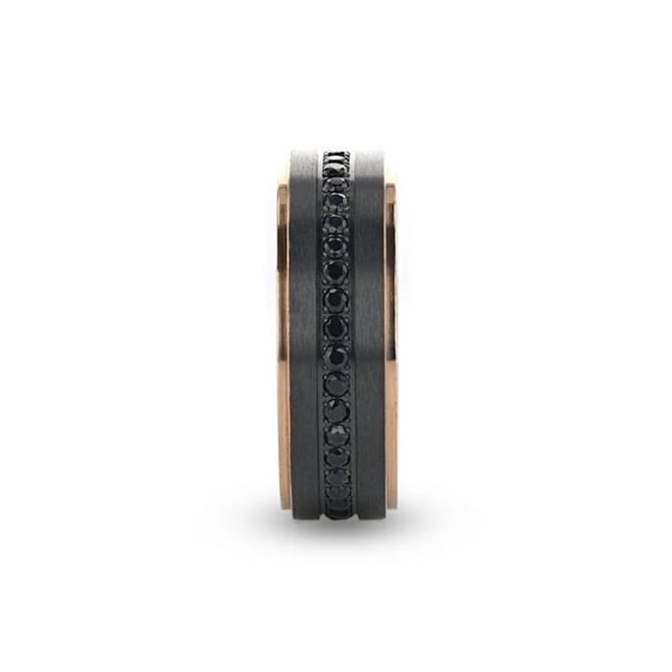 ASTRO Flat Brushed Black Titanium Ring with Rose Gold Plated Edge and
Black Sapphire Settings 8mm