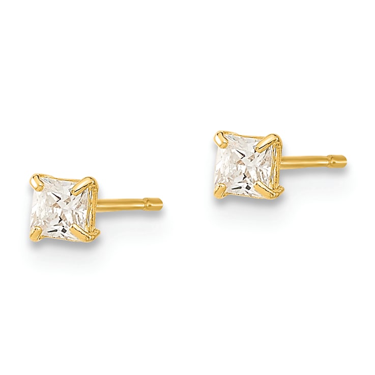 14K Yellow Gold 2.5mm Square Cubic Zirconia Basket Set Stud Earrings