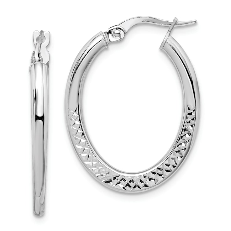 Rhodium Over 14k White Gold Diamond-Cut 1" Oval Hoop Earrings