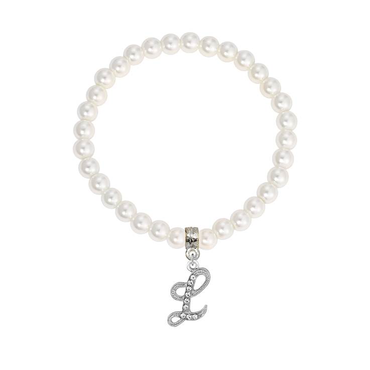 White Faux Pearl Bead Initial Charm Stretch Bracelet
