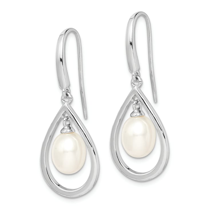 Rhodium Over Sterling Silver 6-7mm White Freshwater Cultured Pearl
Dangle Earrings