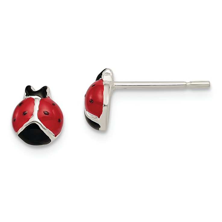 Lady Bug Post Stud Earrings Black and Red Enamel Sterling Silver