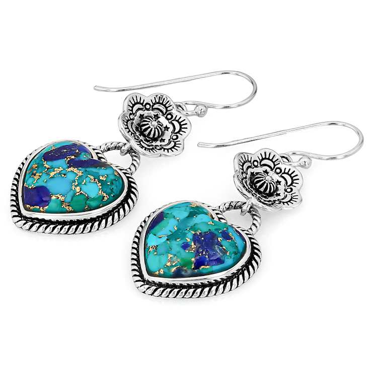 Blended Blue Turquoise And Lapis Lazuli Heart Sterling Silver Dangle
Earrings 14x13mm