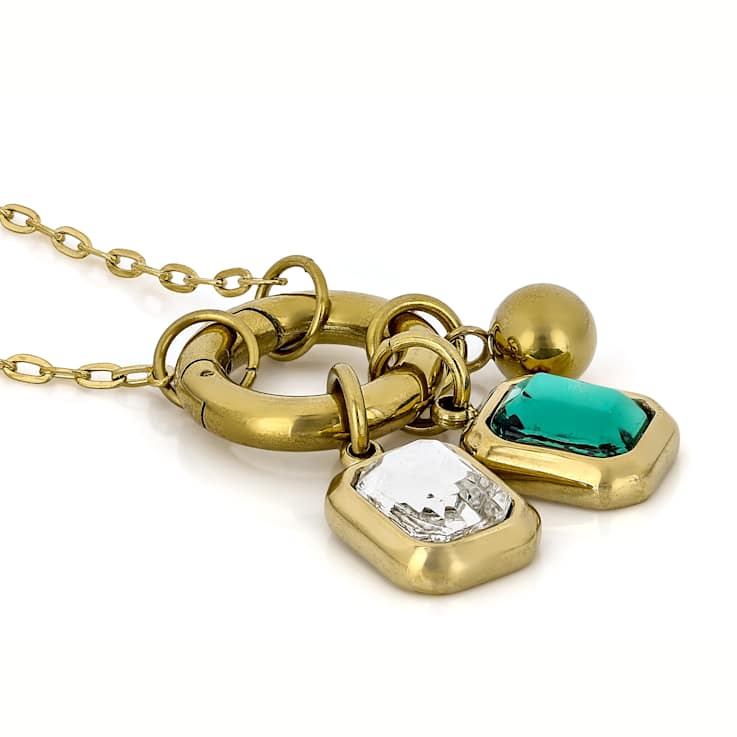 Green And Clear Emerald-Cut Charm Necklace In Gold-Tone 20 Inch