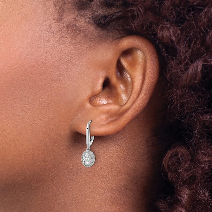 Rhodium Over 14K White Gold Lab Grown Diamond Halo Leverback Earrings