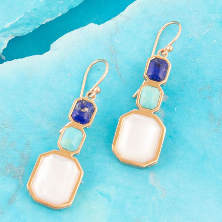 Barse Mother-Of-Pearl, Lapis Lazuli And Turquoise Drop Earrings In Bronze