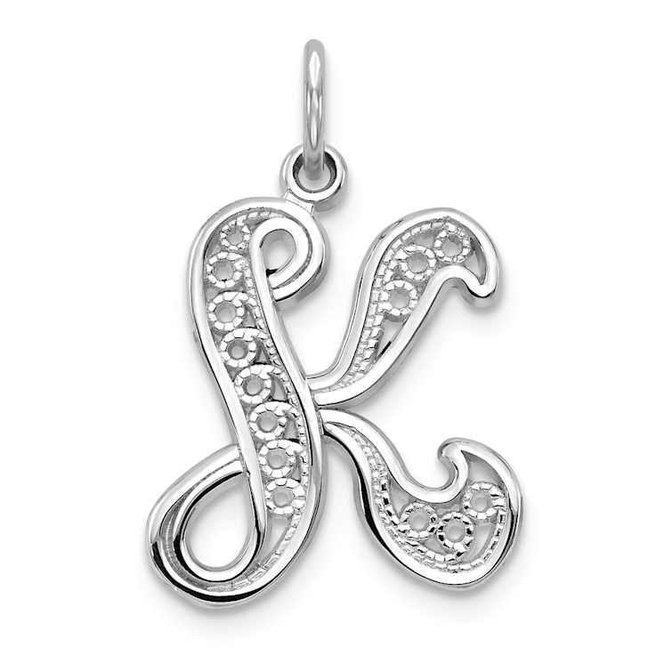 Rhodium Over 14k White Gold Solid Polished Script Filigree Textured
Letter K Initial Pendant