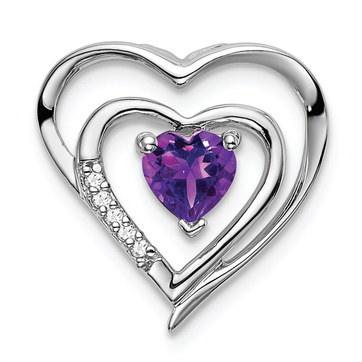 Rhodium Over 14k White Gold Amethyst and Diamond Heart Pendant