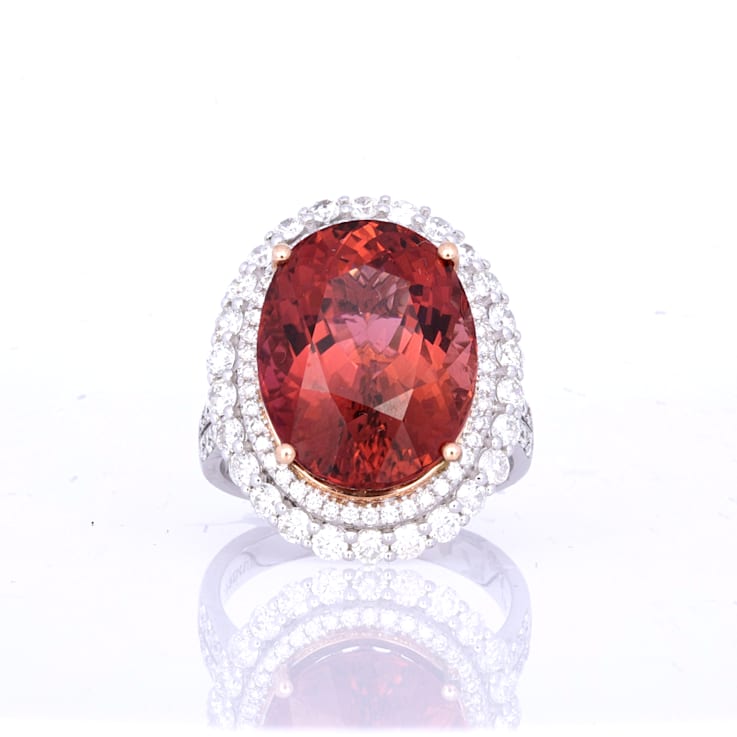 14.38 Ctw Rubelite and 1.60 Ctw White Diamond Ring in 14K 2-Tone