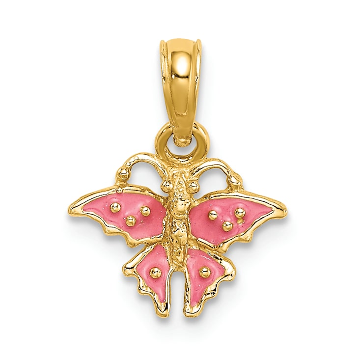 14k Yellow Gold Textured Pink Enamel Mini Butterfly Charm