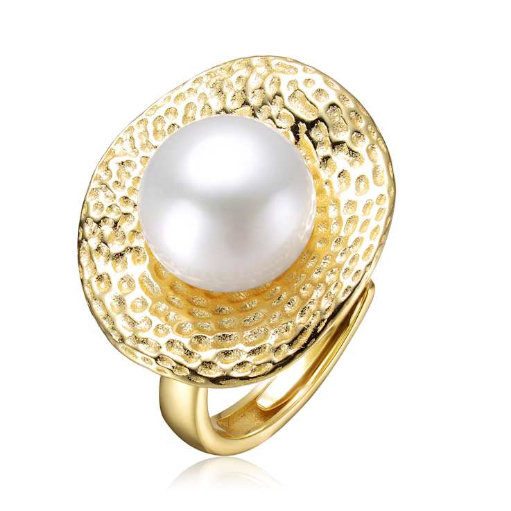 Pear Shape Freshwater Pearl Hammered Band Ring In 14K Gold Over Sterling Silver