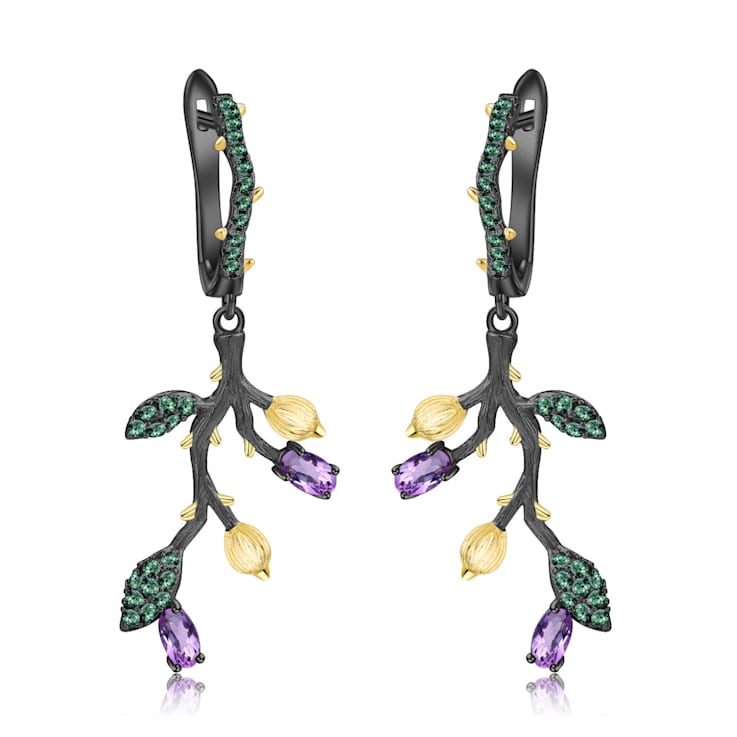 Amethyst and Nanocrystal Black Rhodium Over Sterling Silver Leaf Earrings