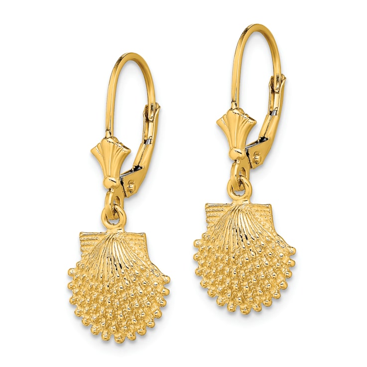 14k Yellow Gold 2D Beaded Textured Scallop Shell Dangle Earrings
