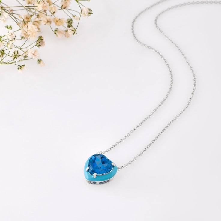Blue Topaz 4.2ct Heart Shape Pendant Necklace, Matching Enamel Bezel Setting