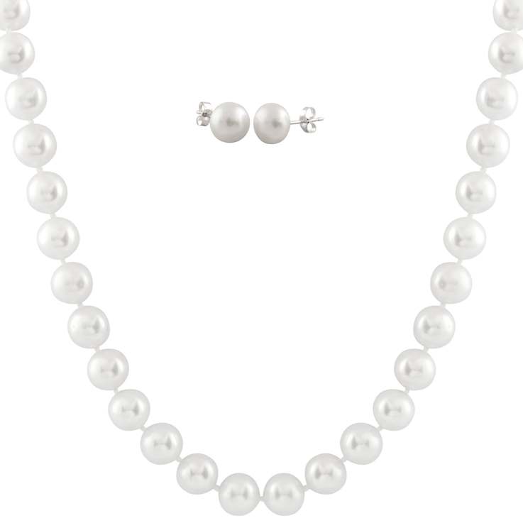 18" White Freshwater Pearl Necklace & Earrings, 7–7.5mm,
Rhodium Silver