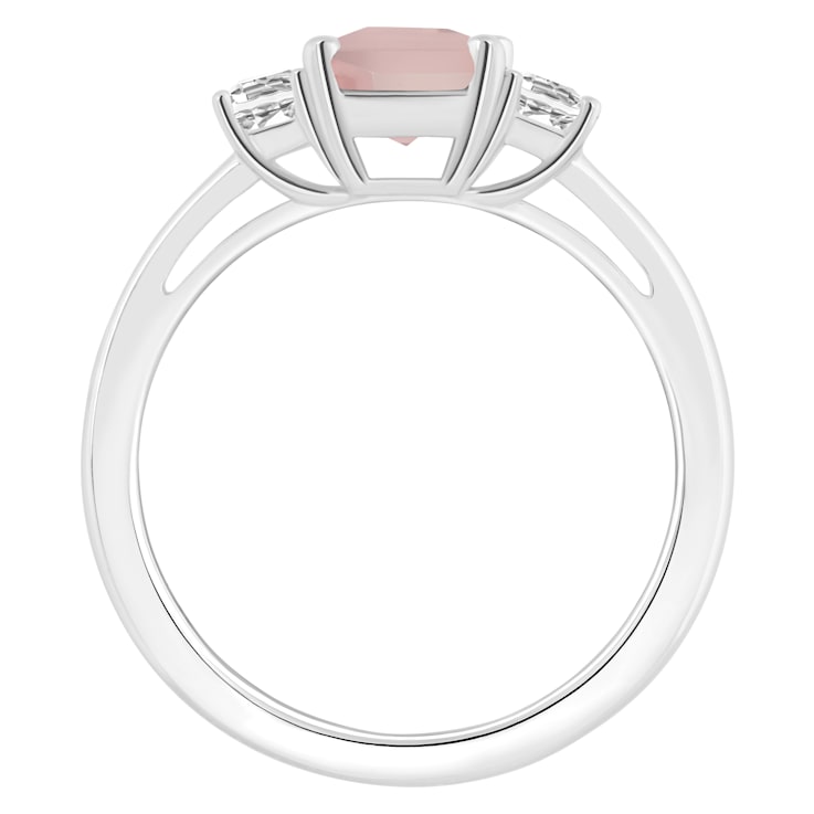 8x6mm Emerald Cut Rose Quartz And White Topaz Rhodium Over Sterling
Silver 3-Stone Ring