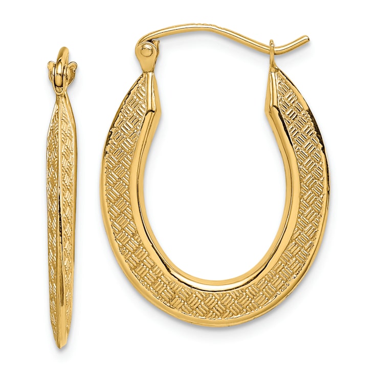 14k Yellow Gold Textured 1" Stamped Oval Hoop Earrings