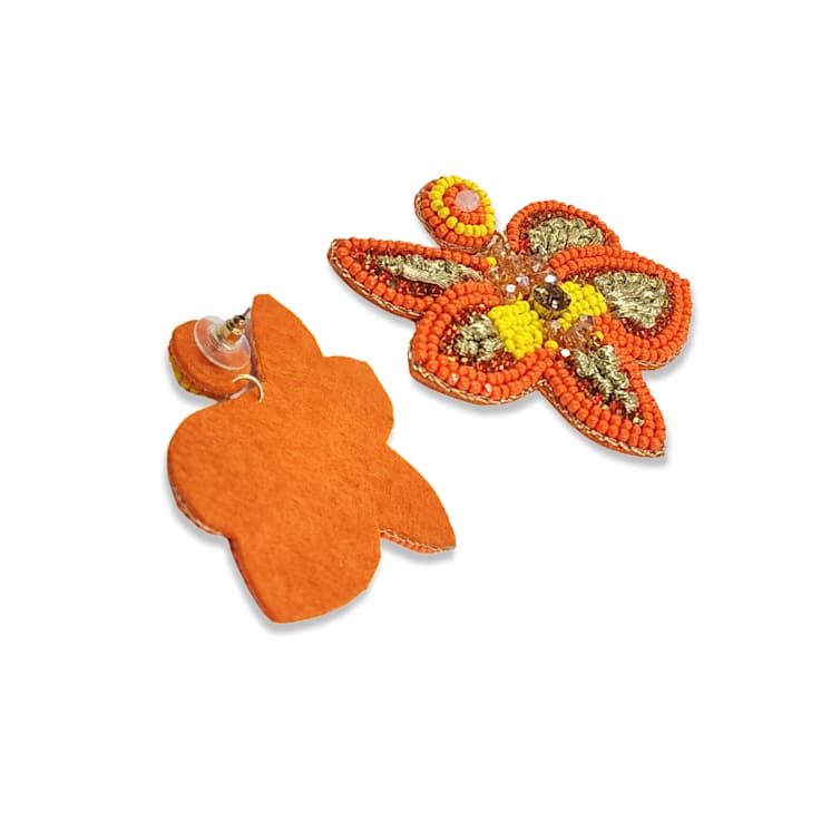 Orange Seed Beads With Clear Crystal Butterfly Earring