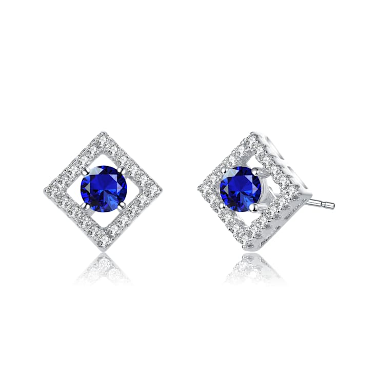 Sapphire Color CZ Halo Stud Earrings In Rhodium Over Brass