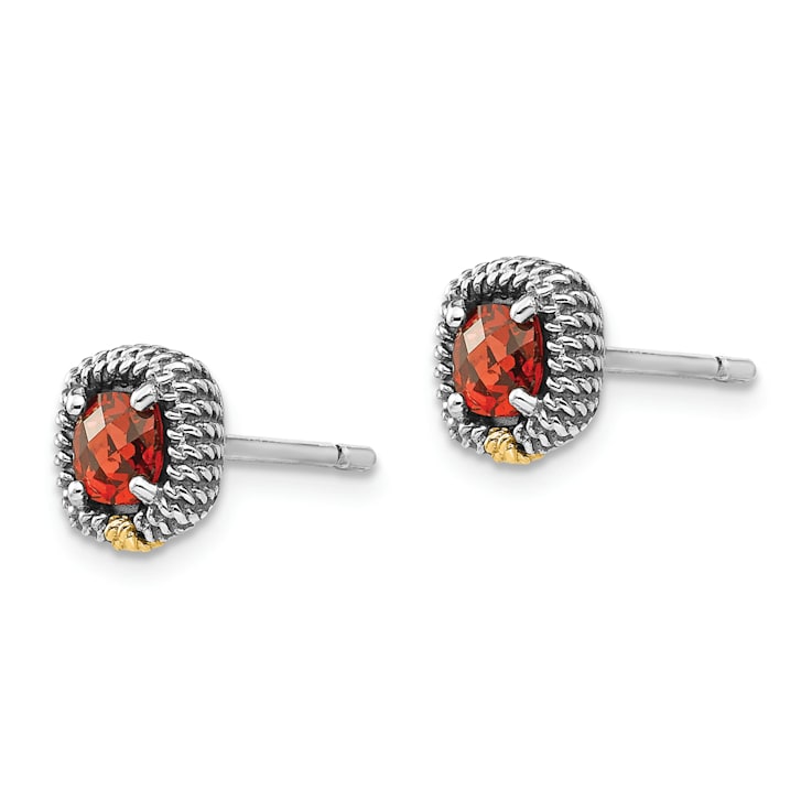 Sterling Silver Antiqued with 14K Accent Square Cushion Garnet Post Earrings