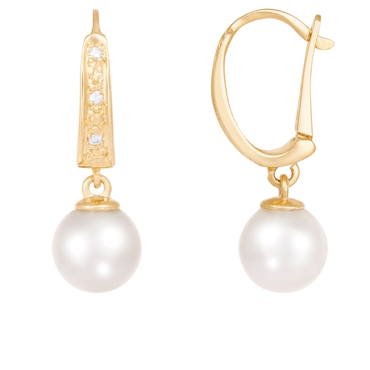 White Cultured Akoya Pearl 14k Yellow Gold Earrings 7-7.5mm