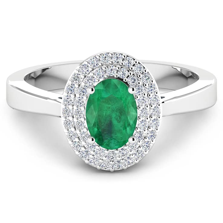0.86ctw Green Emerald and Diamond 14K White Gold Halo Ring