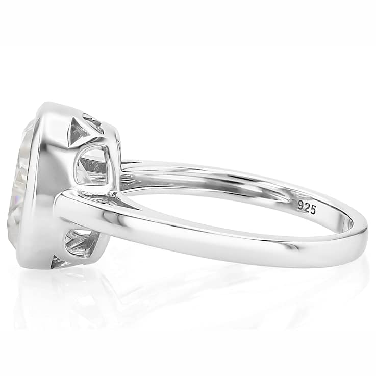 Bezel Set Oval Moissanite Solitaire Ring In Platinum-Enhanced Sterling Silver