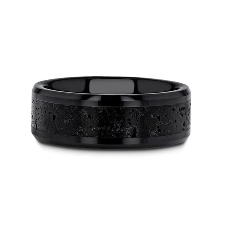 VESUVIUS Men’s Polished Black Ceramic Band with Lava Rock Stone Inlay
& Polished Beveled Edges 8mm