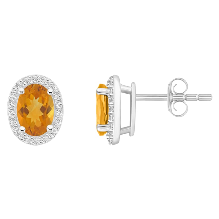 7x5mm Oval Citrine And Created White Sapphire 10k White Gold Halo Stud Earrings