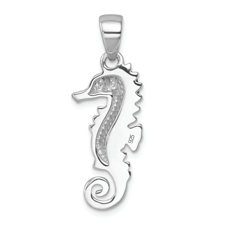 Rhodium Over Sterling Silver Polished Crystal Seahorse Pendant