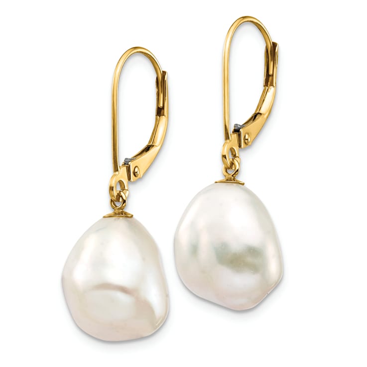 14K Yellow Gold 10x12mm White Keshi Freshwater Cultured Pearl Leverback Earrings