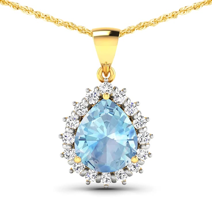 Pear Aquamarine and White Diamond 14K Yellow Gold Pendant with 18 inch
Cable Chain 2.30ctw