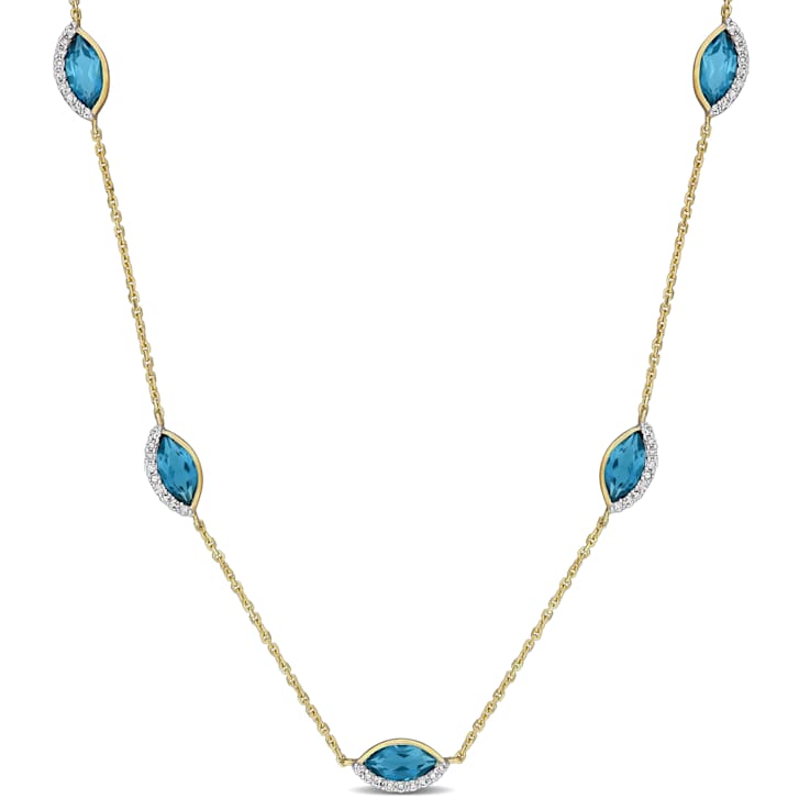 London Blue Topaz and Diamond 14K Yellow Gold Station Necklace 3.37ctw